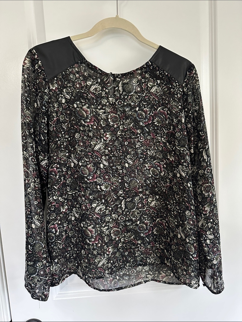 Floral Sheer Long-Sleeve Blouse - Black with Pink Accents